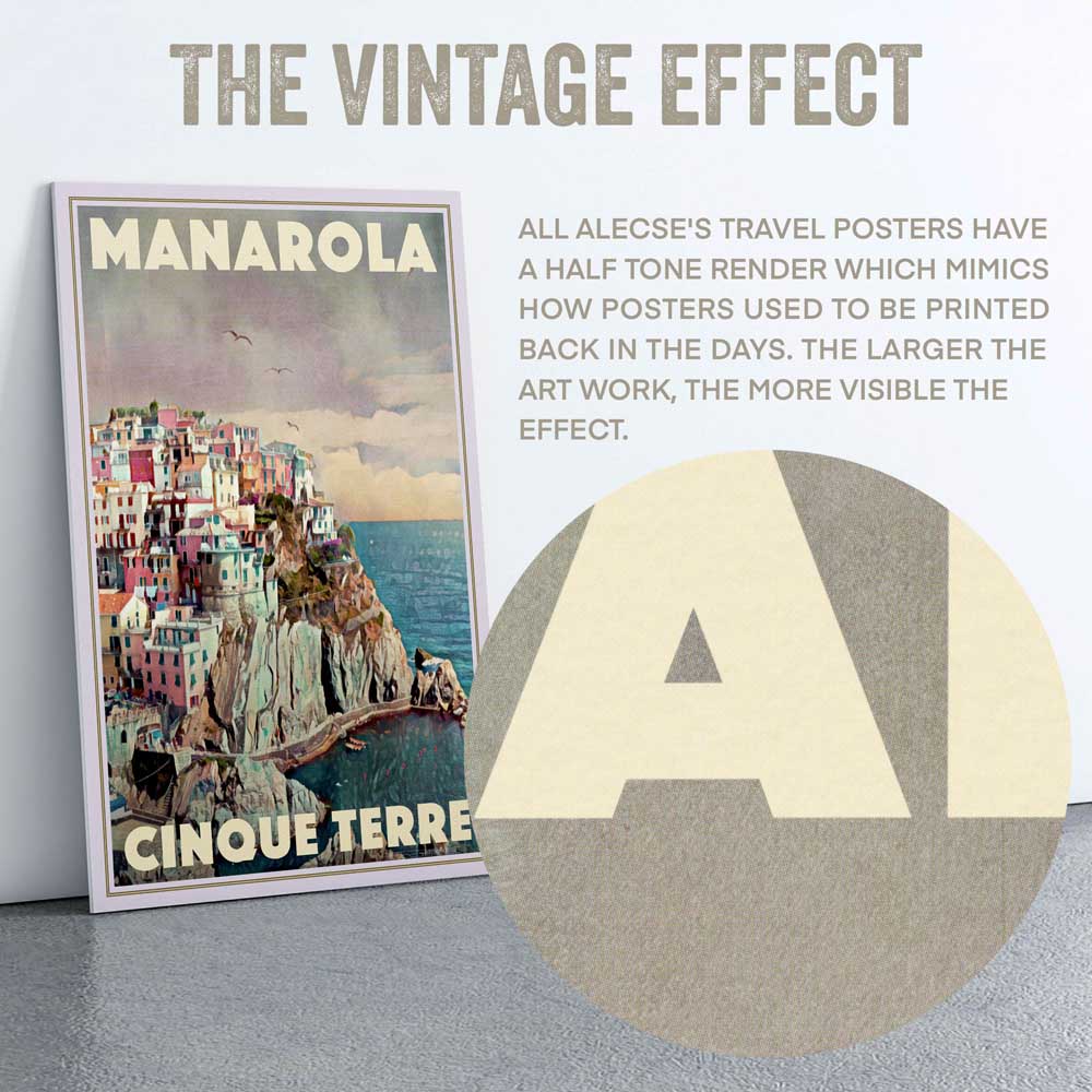 Macro view of the Manarola poster's title letters highlighting Alecse's signature half-tone style.