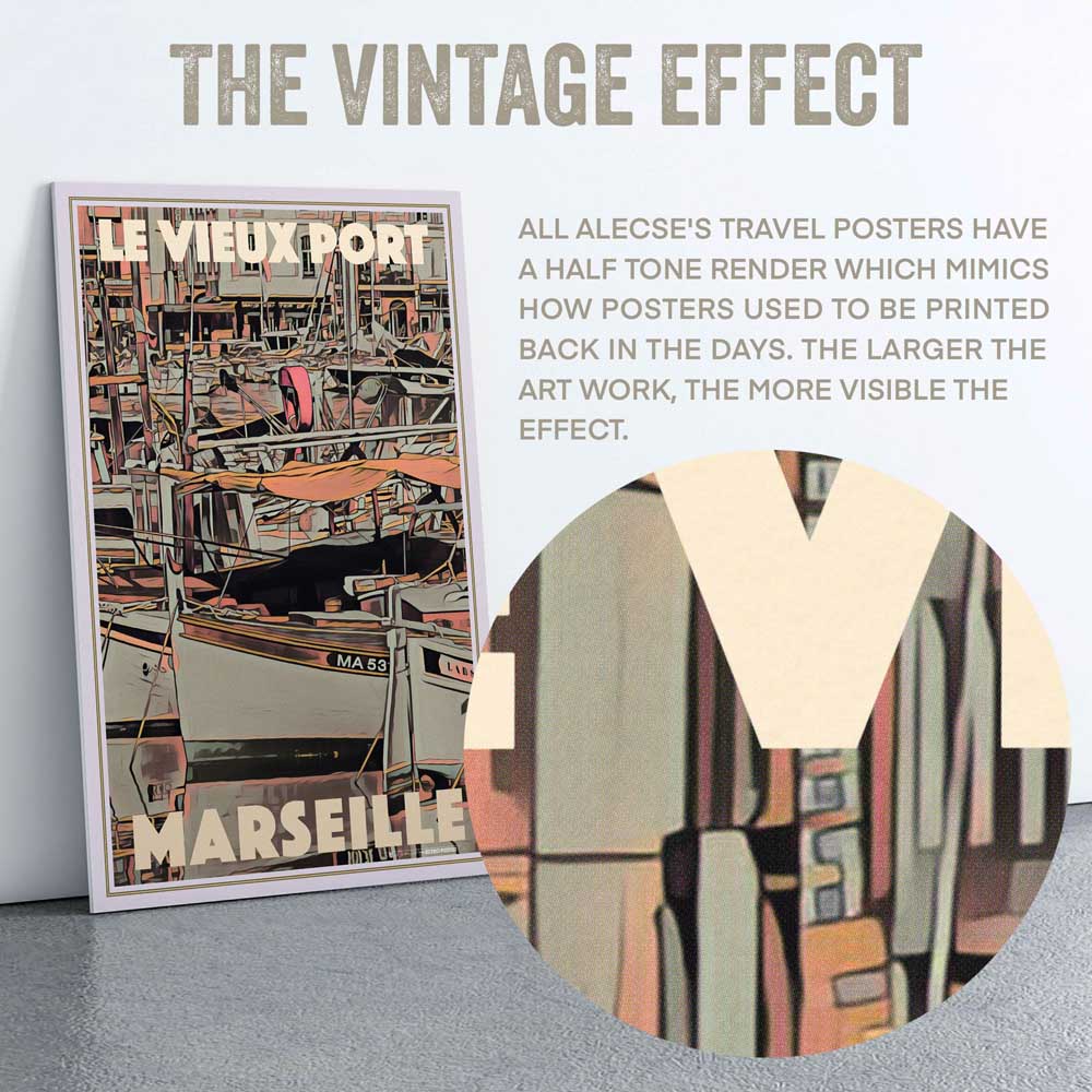 Detailed macro of "Vieux Port, Marseille" poster, focusing on the half-tone render that exemplifies Alecse's renowned artistic style
