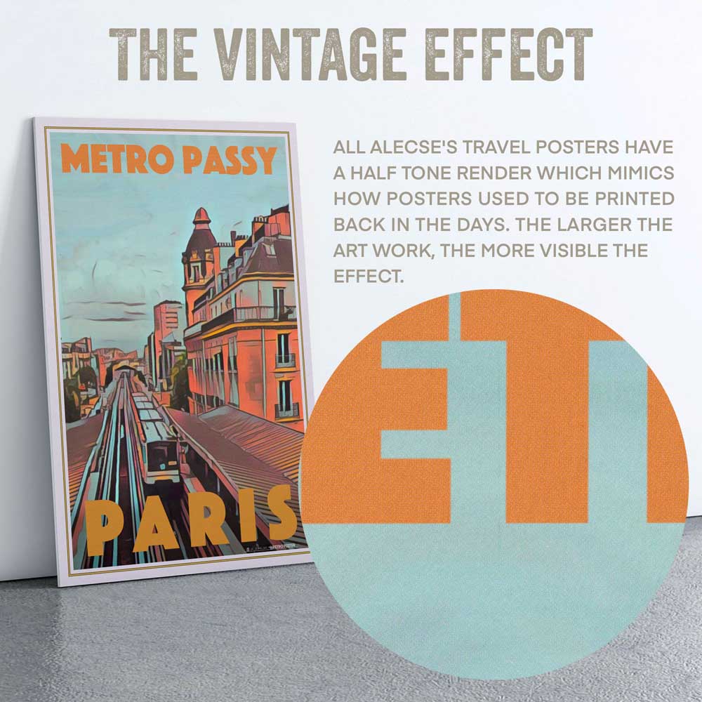 Close-up of 'Metro Passy' Poster with detailed half-tone effect and Parisian architecture