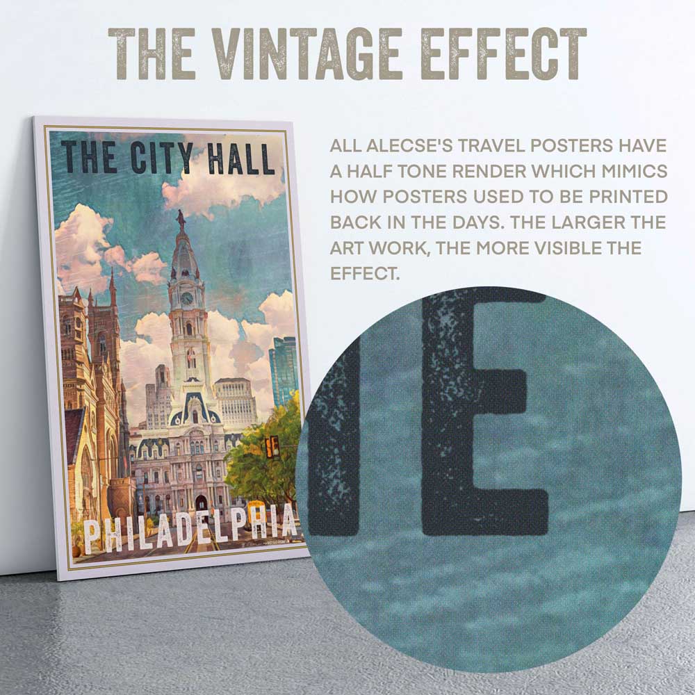 Vintage halftone detail of Philadelphia poster typography and color texture