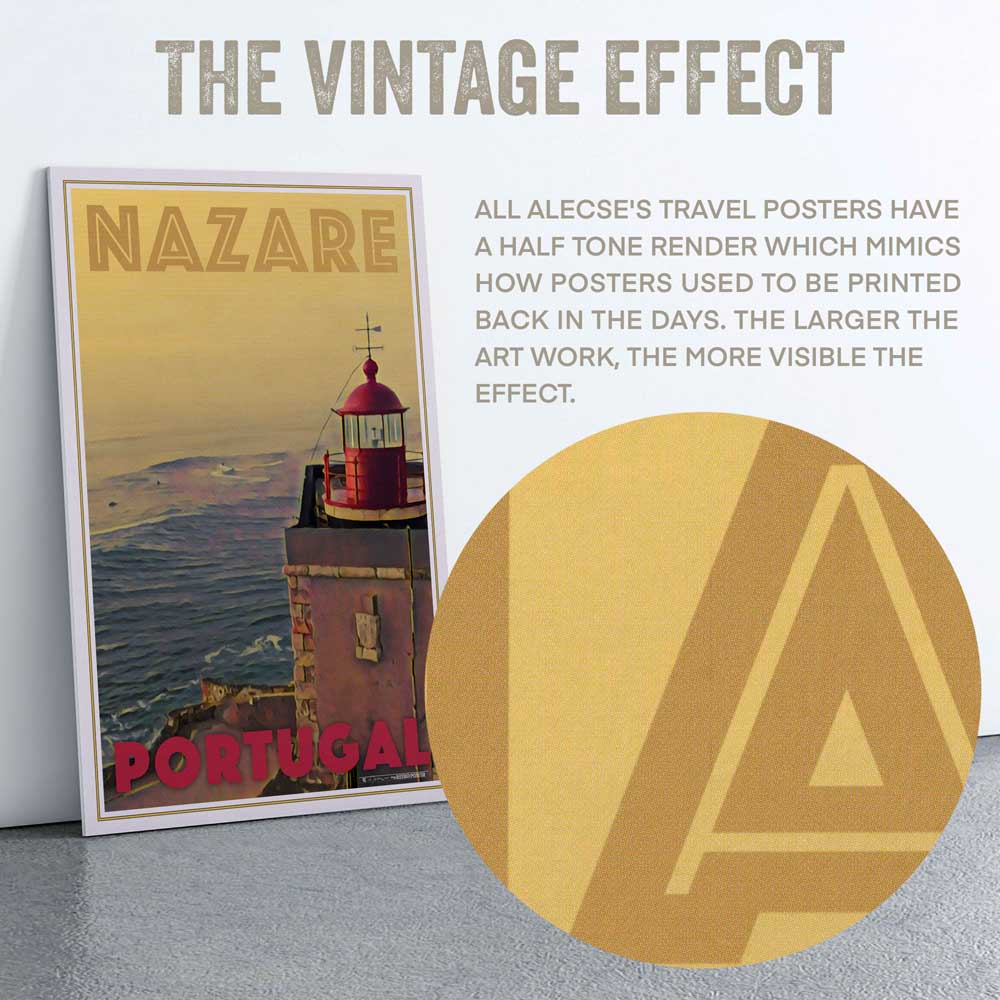 Macro shot of Nazare Portugal travel poster near the title letters, showing Alecse’s signature half-tone render.