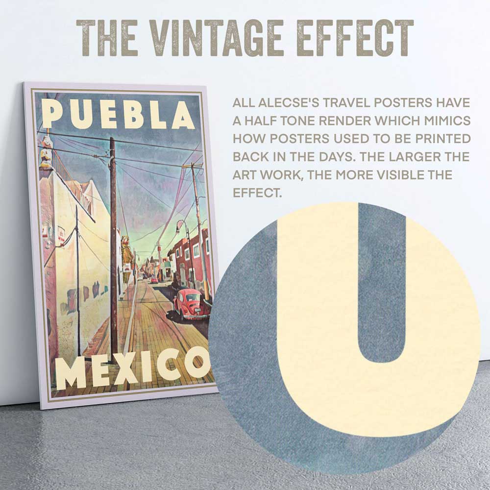 Detail of Alecse's half-tone rendering on the 'Puebla VW Travel Poster,' evoking vintage Mexican art