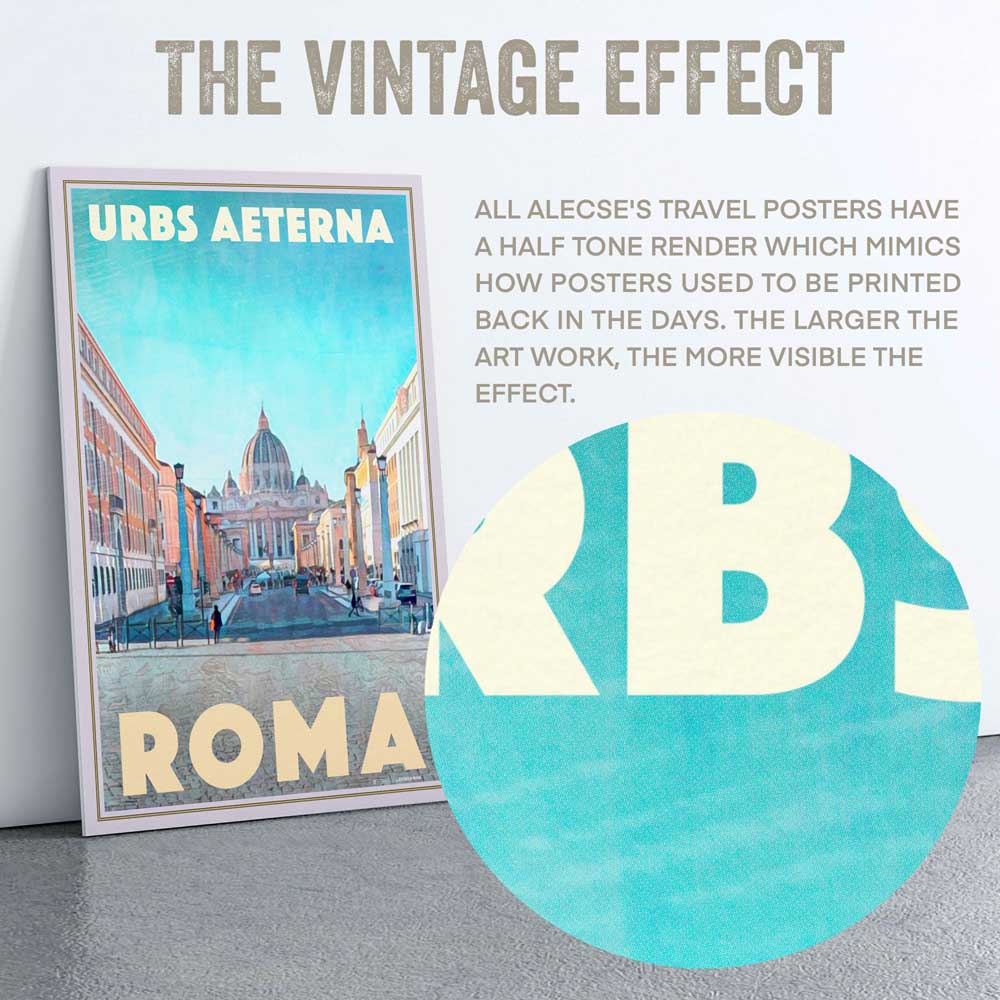 Macro view of 'Urbs Aeterna' Poster near title letters showing the half-tone effect