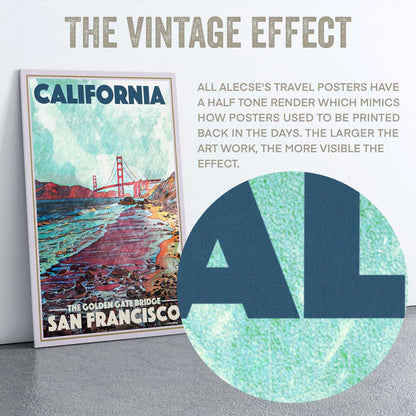 Detailed view of Golden Gate Bridge Poster highlighting the half-tone artistic render by Alecse