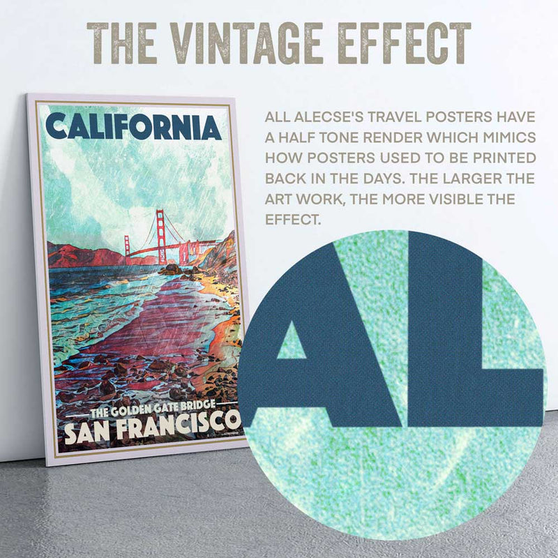 Detailed view of Golden Gate Bridge Poster highlighting the half-tone artistic render by Alecse
