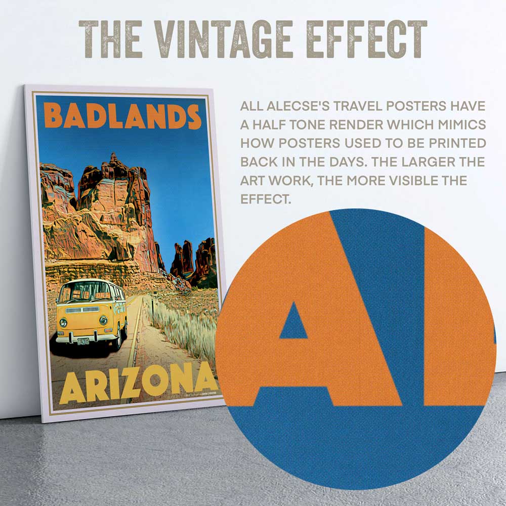 Macro shot of Alecse's Badlands Art showcasing half-tone vintage effect and VW van