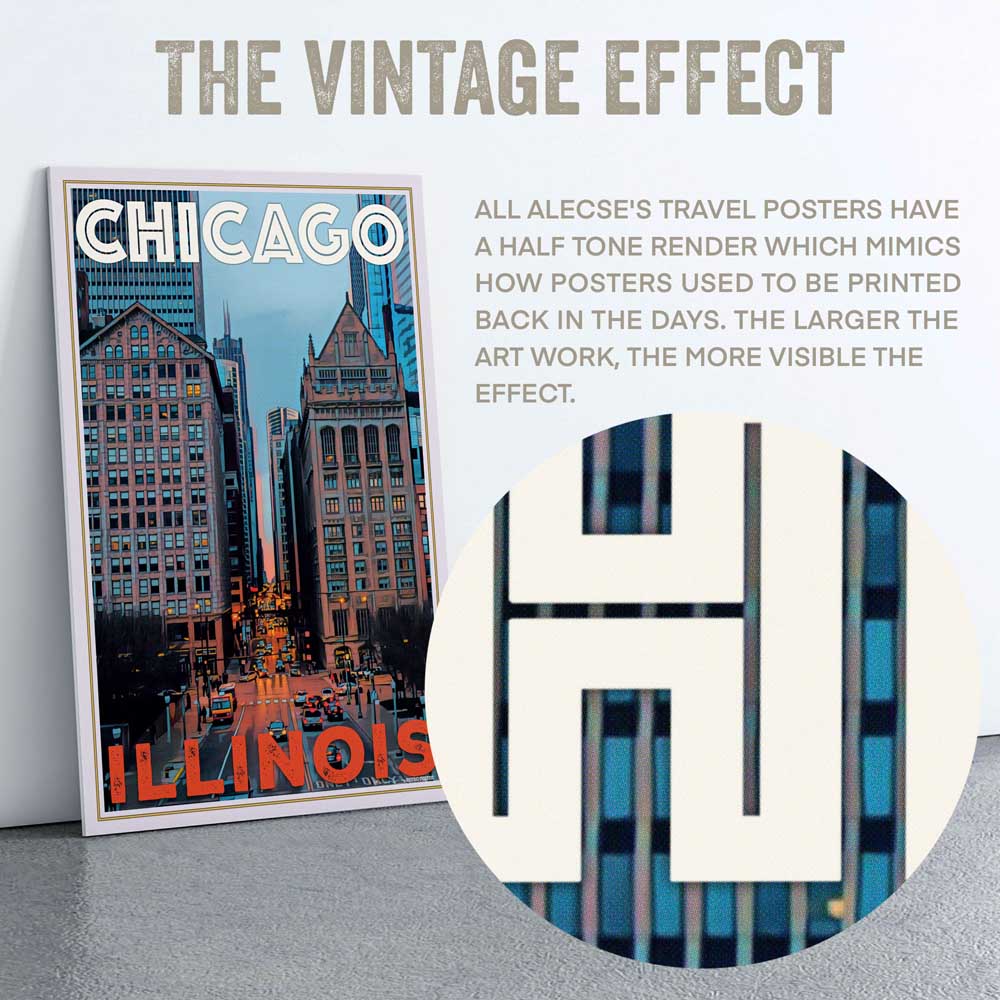 Detail of Alecse's signature halftone render on the 'Chicago Perspective Travel Poster,' accentuating vintage artistry