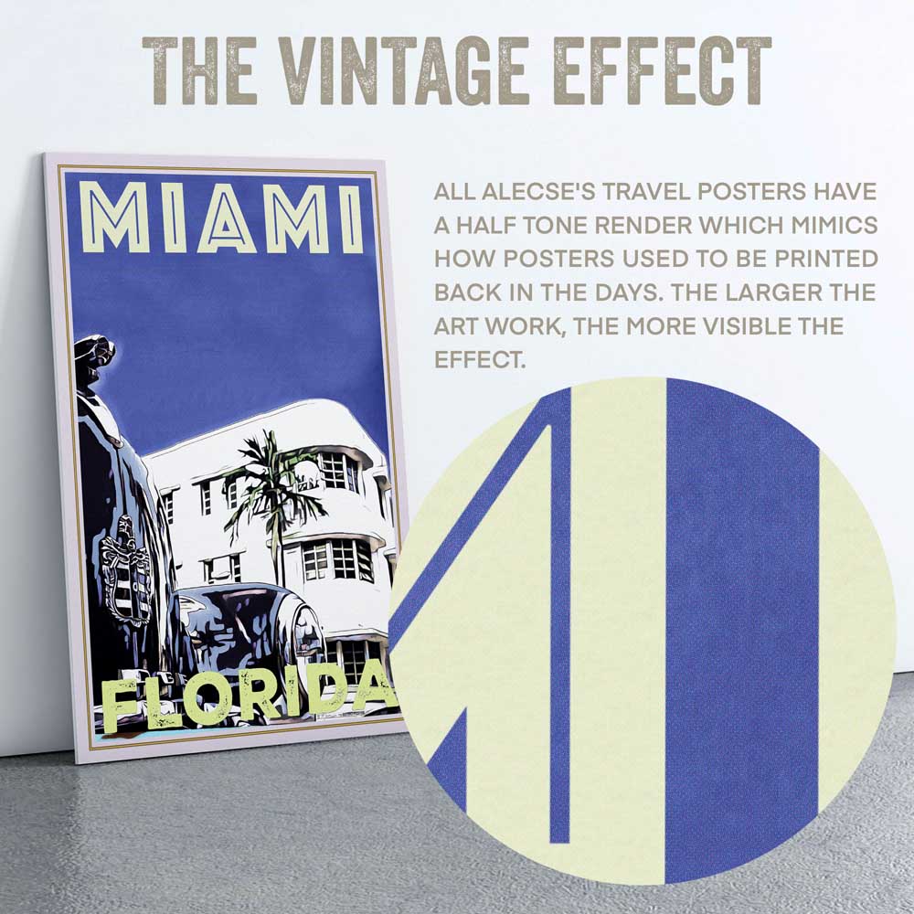 Detail of "Miami Cadillac" travel poster highlighting Alecse's signature half-tone style, embodying the vintage charm of Miami's streets