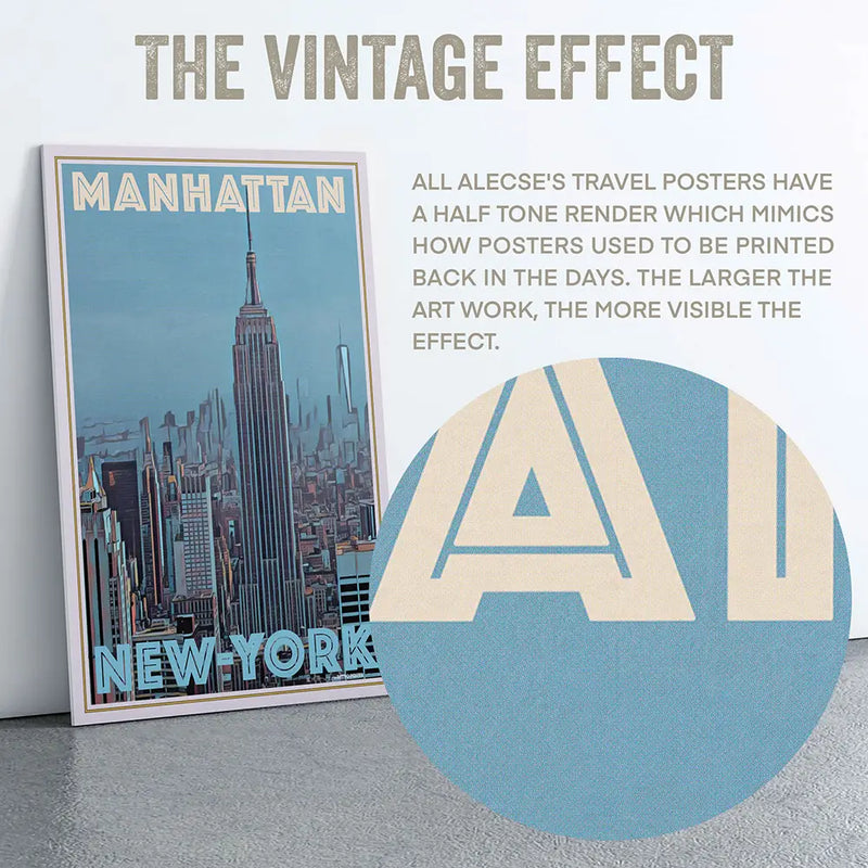 Magnified close-up the halftone render and vintage effects which make Alecse's travel posters truly unique