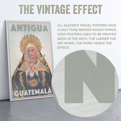 Macro shot of the Virgin Mary poster near the title letters, showing Alecse’s signature half-tone render.