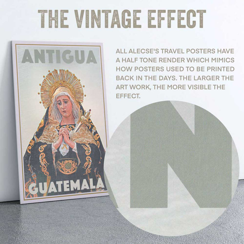 Macro shot of the Virgin Mary poster near the title letters, showing Alecse’s signature half-tone render.