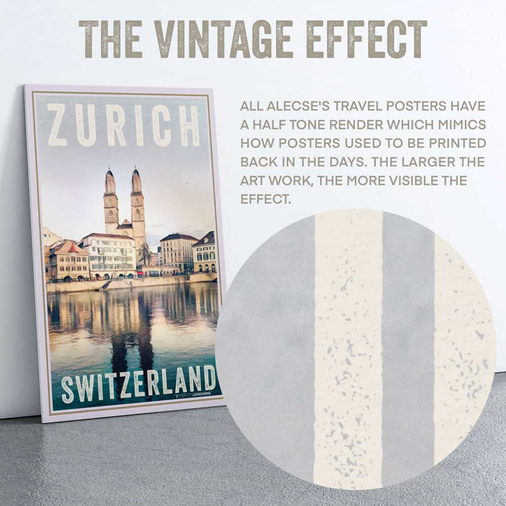 Macro shot of Zurich travel poster near the title letters, showing Alecse’s signature half-tone render.