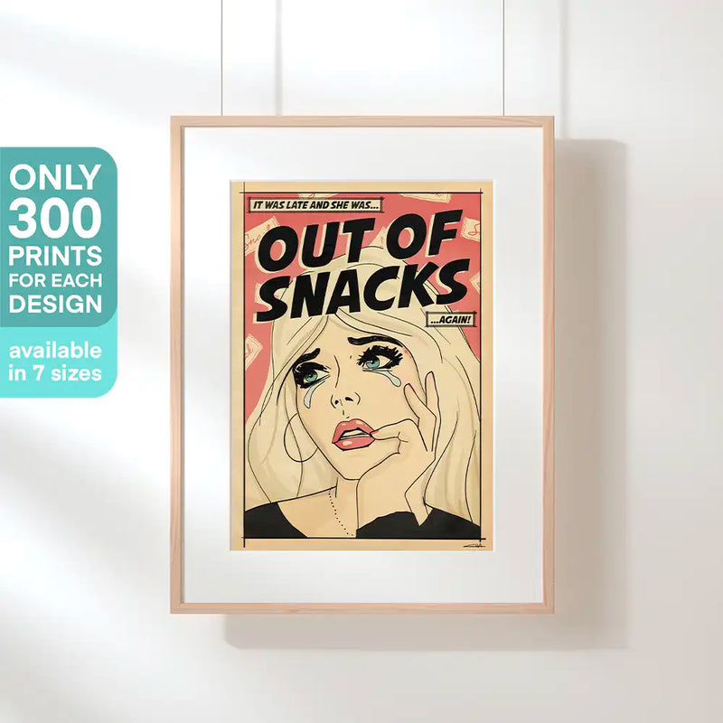 Out of Snacks limited edition pop art wall decor framed and hanging on a white wall – art by Cha