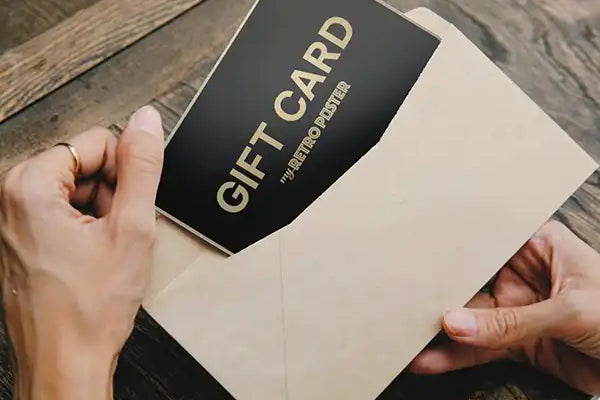 MyRetroPoster gift card in an envelope, ready to be gifted
