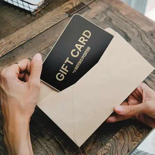 MyRetroPoster gift card in an envelope, ready to be gifted
