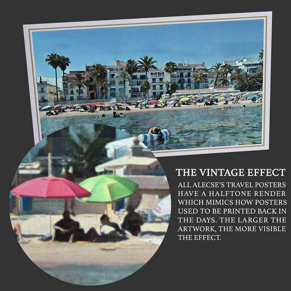 Close-up detail showing vintage halftone texture on Sitges Chiringuito landscape poster