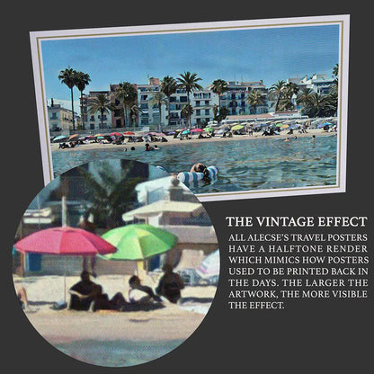 Close-up detail showing vintage halftone texture on Sitges Chiringuito landscape poster