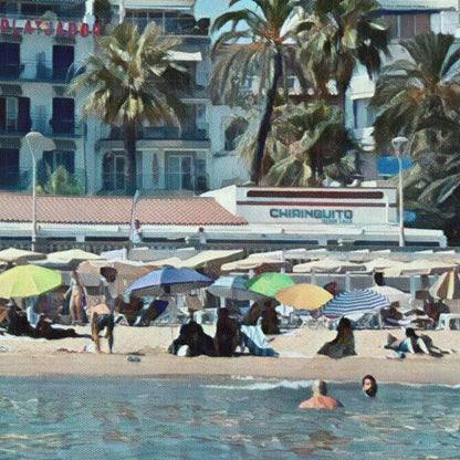 Detail of beach umbrellas and seaside atmosphere in Sitges Chiringuito landscape poster