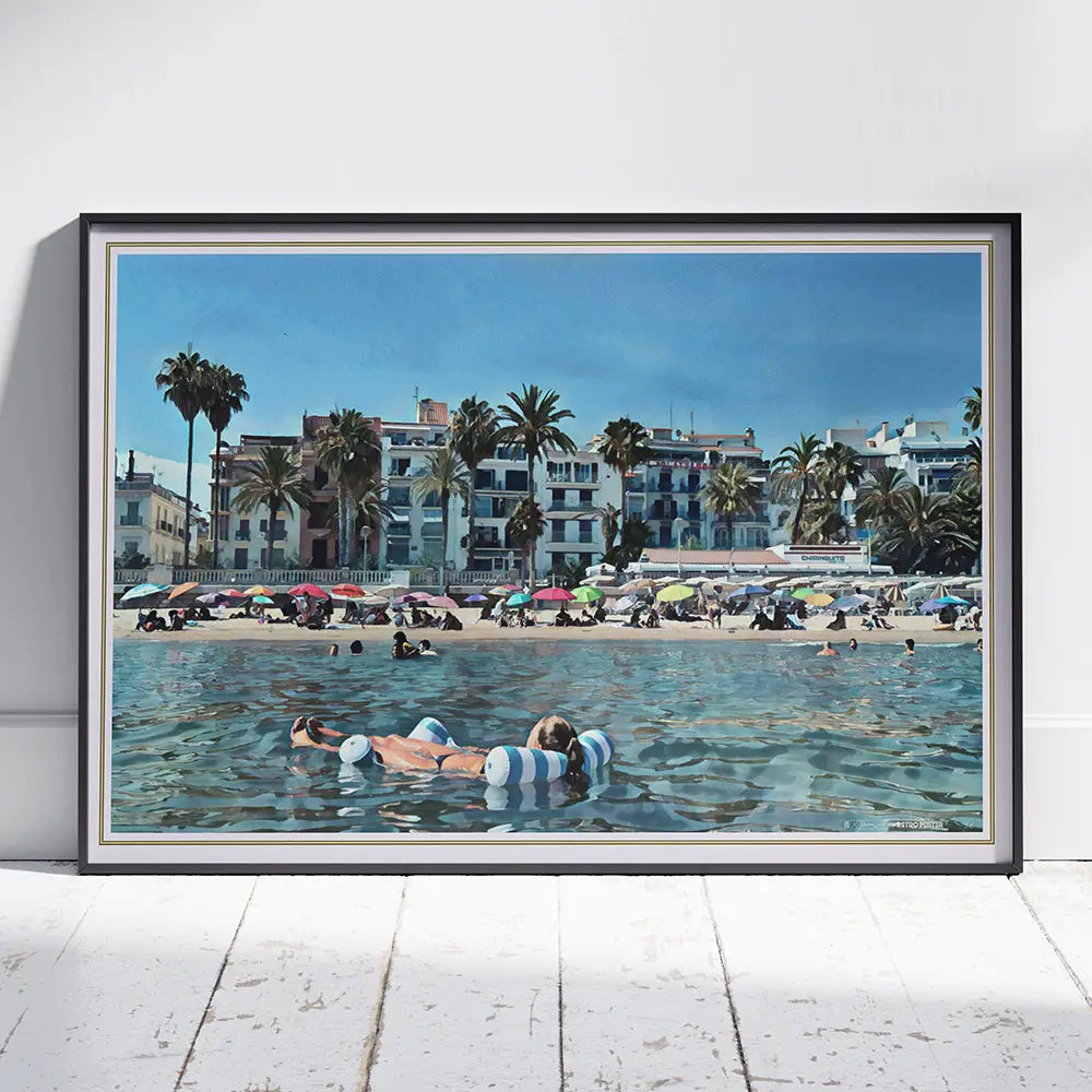 Landscape travel poster of Sitges chiringuito beach by Alecse, vintage halftone limited edition art print