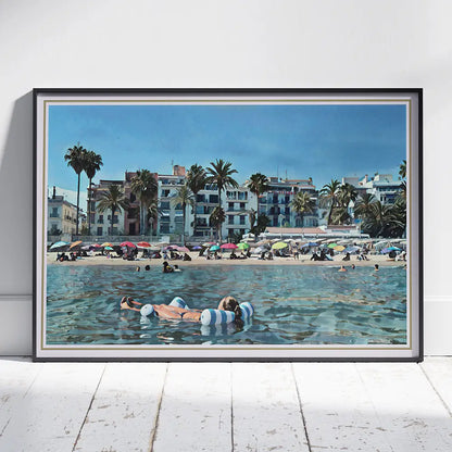 Landscape travel poster of Sitges chiringuito beach by Alecse, vintage halftone limited edition art print