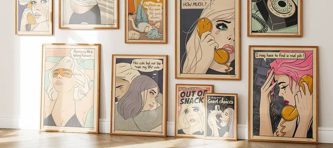 Stylish home office wall decorated with retro pop art posters from the Soft Pop Studio™ collection by Cha, featuring comic-style female portraits and humorous quotes like ‘I can’t adult today’ and ‘He’s cute but not ruin my life cute.’