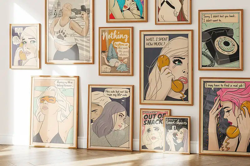 Stylish home office wall decorated with retro pop art posters from the Soft Pop Studio™ collection by Cha, featuring comic-style female portraits and humorous quotes like ‘I can’t adult today’ and ‘He’s cute but not ruin my life cute.’