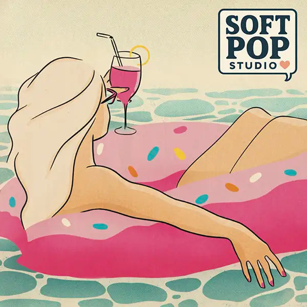 Retro-inspired illustration of a woman relaxing on a pink inflatable ring in a swimming pool, holding a cocktail under the sun. Soft pastel colors and minimalist line art from the Soft Pop Studio™ collection by Cha.