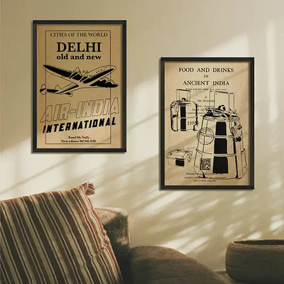 Vintage Indian travel posters featuring Air India and traditional Indian food and drinks, from The Great Indian Decor collection by Shree.