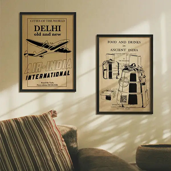 Vintage Indian travel posters featuring Air India and traditional Indian food and drinks, from The Great Indian Decor collection by Shree.