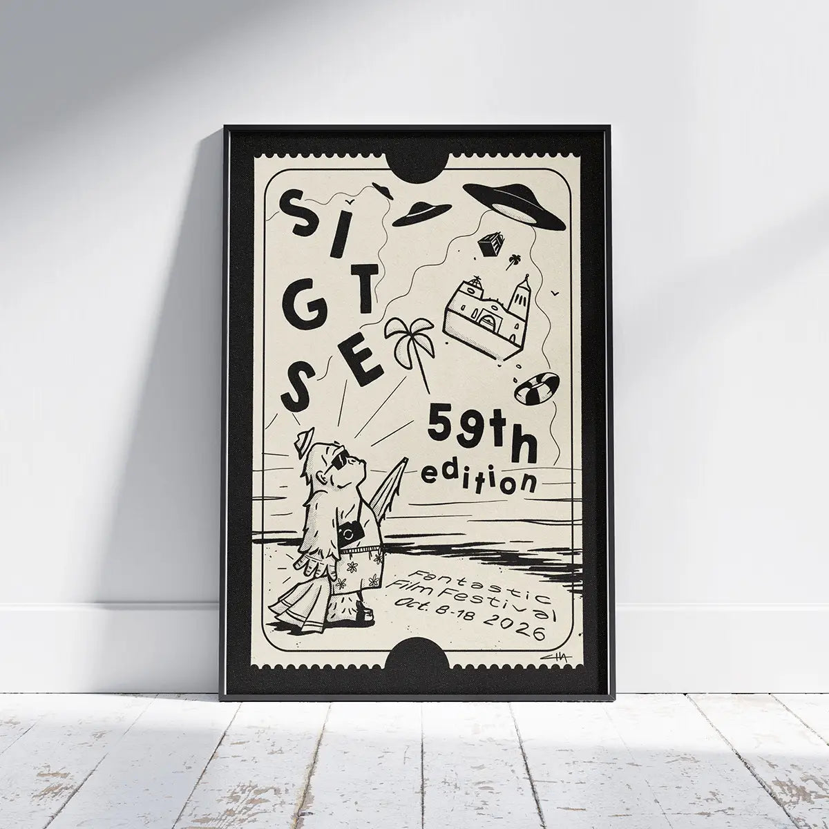 Unofficial Sitges Fantastic Film Festival 2026 poster by Cha in a 1960s mid century modern illustration style