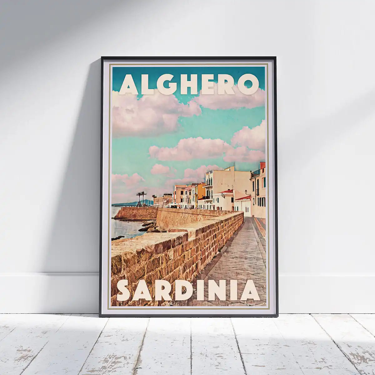 Vintage travel poster of Alghero in Sardinia showing the historic seafront, pastel houses and Mediterranean sky, limited edition of 300 prints