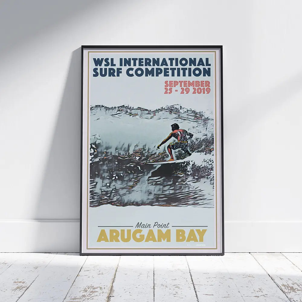 Framed vintage travel poster of a surfer riding a wave at Arugam Bay, created by Alecse with halftone texture and retro colours.
