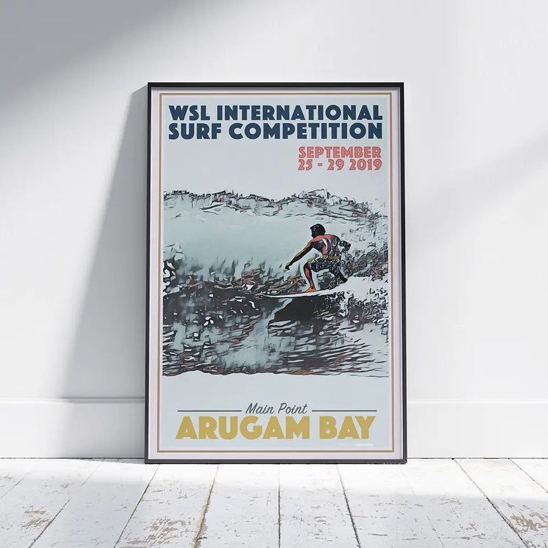 Framed vintage travel poster of a surfer riding a wave at Arugam Bay, created by Alecse with halftone texture and retro colours.