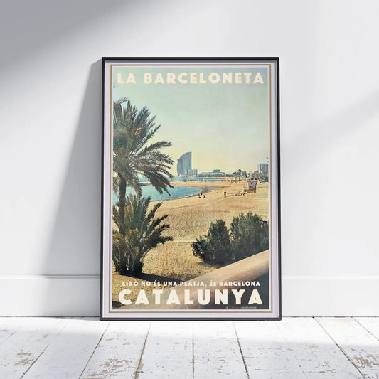 Barceloneta Beach Barcelona vintage travel poster framed on floor, palm tree and W Hotel overlooking Mediterranean coast, limited edition wall art