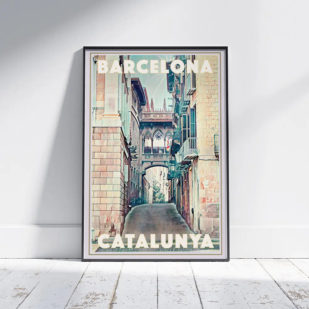 Barcelona Gothic Quarter bridge poster framed on wall featuring Carrer del Bisbe perspective, vintage travel print by Alecse