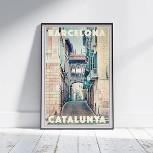 Barcelona Gothic Quarter bridge poster framed on wall featuring Carrer del Bisbe perspective, vintage travel print by Alecse