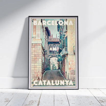 Barcelona Gothic Quarter bridge poster framed on wall featuring Carrer del Bisbe perspective, vintage travel print by Alecse