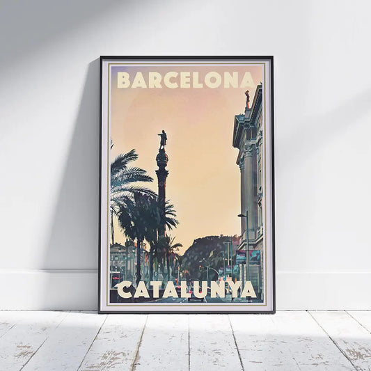 Barcelona Columbus Monument sunset poster framed on wall with warm peach tones and palm trees, vintage travel print by Alecse