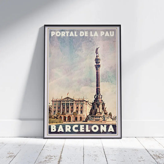 Barcelona Columbus Monument travel poster by Alecse featuring Portal de la Pau and historic architecture, vintage style limited edition of 300 prints