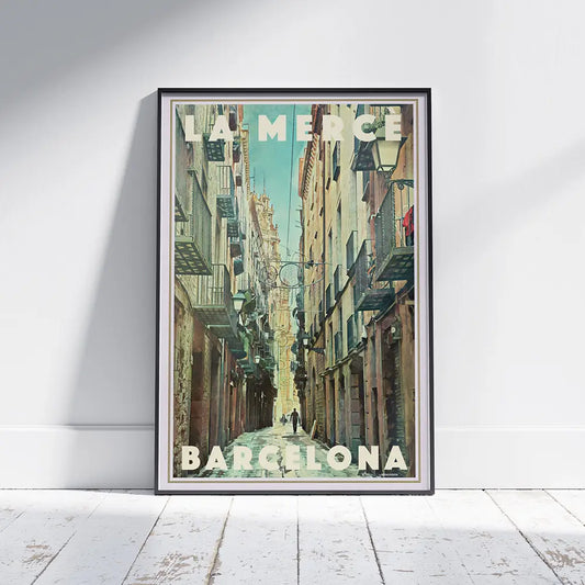 Barcelona La Merce vintage travel poster by Alecse featuring atmospheric old street in Gothic Quarter, framed wall decor limited edition of 300 prints