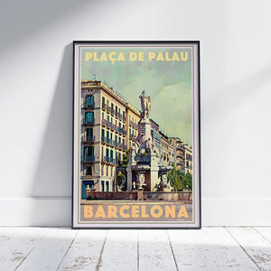 Plaça de Palau Barcelona vintage travel poster by Alecse featuring historic square and monument near Port Vell