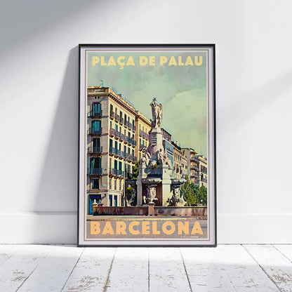 Plaça de Palau Barcelona vintage travel poster by Alecse featuring historic square and monument near Port Vell