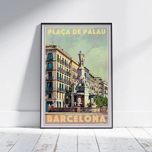 Plaça de Palau Barcelona vintage travel poster by Alecse featuring historic square and monument near Port Vell