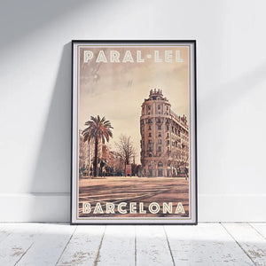 Barcelona Paral·lel poster by Alecse. Vintage style travel print featuring this iconic avenue near Montjuïc. Limited edition art print.