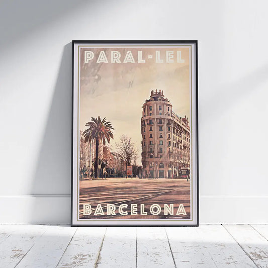 Barcelona Paral·lel poster by Alecse. Vintage style travel print featuring this iconic avenue near Montjuïc. Limited edition art print.
