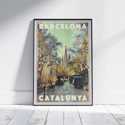 Barcelona Sagrada Familia Avenue poster framed on wall featuring tree lined perspective toward Gaudi basilica, vintage travel print by Alecse
