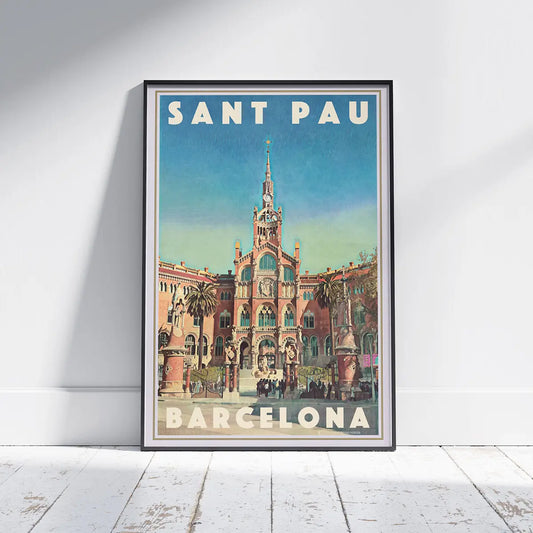 Sant Pau Barcelona poster framed on wall showing full modernist hospital facade in warm vintage tones