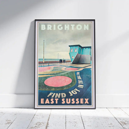 Framed Brighton Upside Down House poster displayed in a modern interior, vintage seaside wall art by Alecse