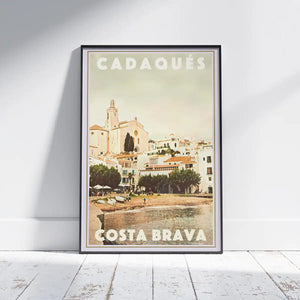 Cadaqués Church vintage travel poster framed on wall, featuring Santa Maria church overlooking the Costa Brava waterfront