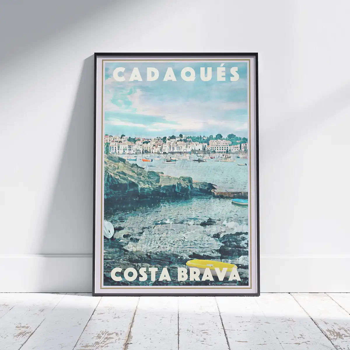 Cadaqués Memories travel poster by Alecse showing the Costa Brava village from the rocky shoreline